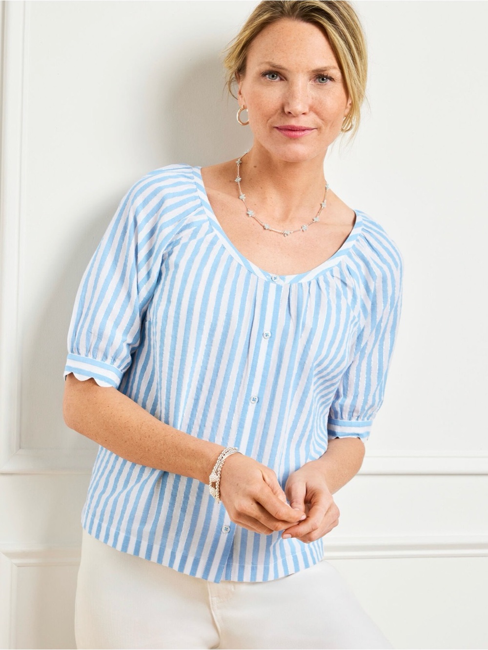 Talbots Metallic Button Front Top Delightful Stripe Size 2XP Petite Plus